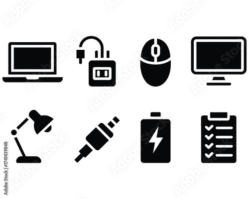A set of solid black glyph icons depicting computer devices and office supplies