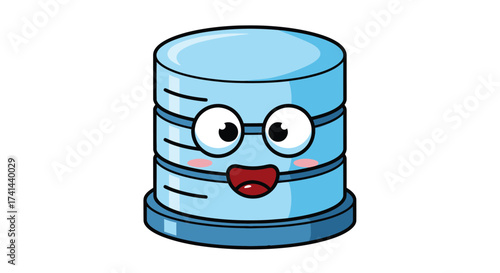 Cute Cartoon Blue Database Server with Glasses and Happy Face.