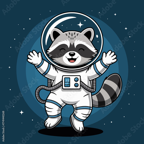 A cheerful raccoon, dressed in a space suit, joyfully floats in space, arms open wide, embodying the excitement of exploration and adventure beyond our planet.