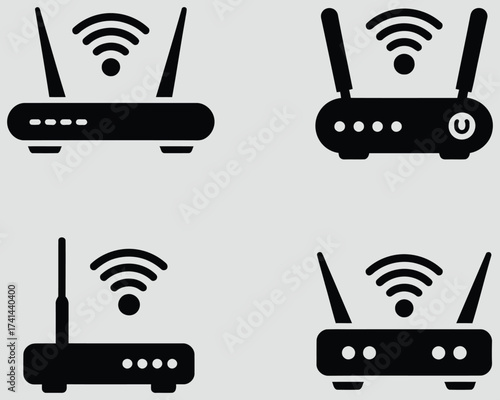 Four distinct wireless router icons, each displaying signal strength indicators for network connectivity