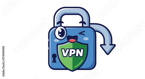 Cute Cartoon VPN Padlock with Shield and Winking Face.