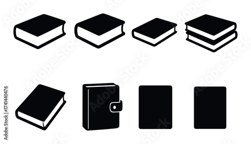 Set of eight black book icons with various shapes and designs