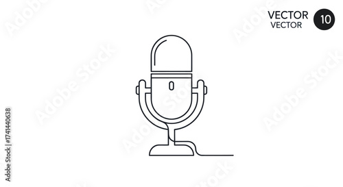 Classic Microphone Outline Illustration with Cable and Stand.