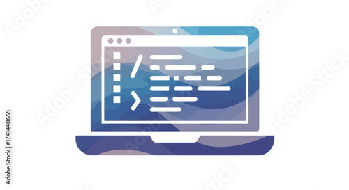 Laptop Displaying Code Snippets with Abstract Blue Background.