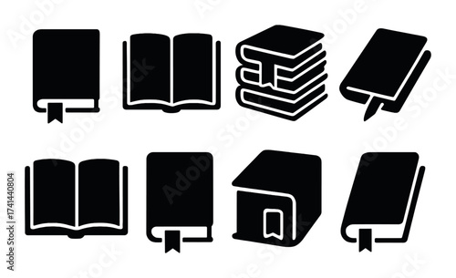 Set of eight black silhouette book icons with bookmarks on gradient background