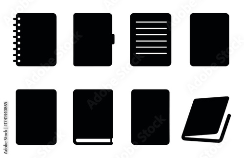 Silhouette icons of various notebook and document styles on gray background