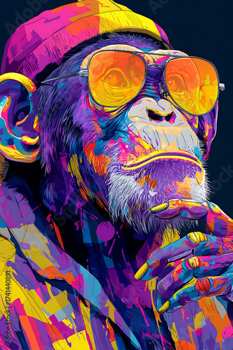 Colorful abstract portrait of a thoughtful monkey wearing sunglasses and a headband, vibrant background