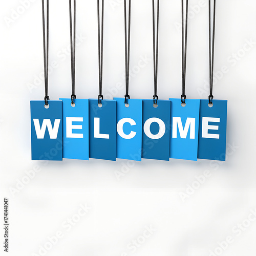 Minimalist 3D Illustration of Hanging WELCOME Tags – Blue and White Digital Art