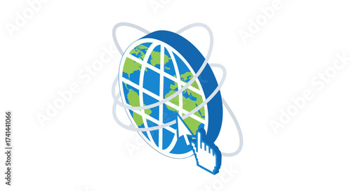 Blue Globe with Cursor and Orbiting Lines Illustration.