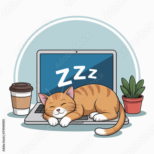 An adorable cat peacefully naps on a laptop surrounded by a coffee cup and a plant, representing the cozy and relaxing atmosphere of work-from-home life and pet love.