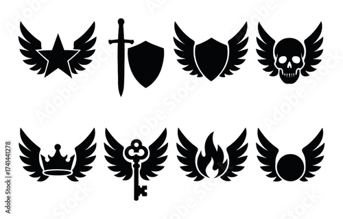 Dark winged silhouettes: sword, shield, star, skull, crown, key, flame symbols