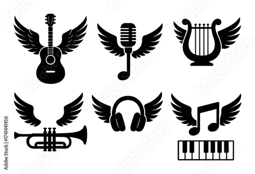 Winged musical icons: guitar, microphone, lyre, trumpet, headphones, note, keyboard