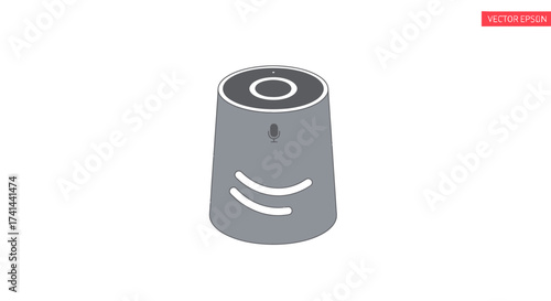Modern gray cylindrical smart speaker with dark top and white curved lines.