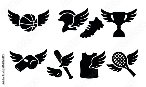 Winged sports icons collection including basketball helmet trophy whistle tennis