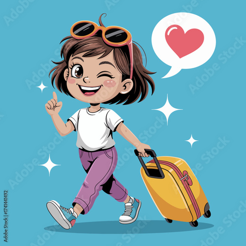 This charming illustration captures a cheerful girl, wearing sunglasses and carrying a suitcase, symbolizing excitement and adventure in travel.