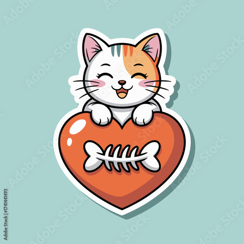 This playful illustration portrays a cat cheerfully holding a heart-shaped design featuring a bone, appealing to pet lovers and ideal for fun merchandise or decorations.