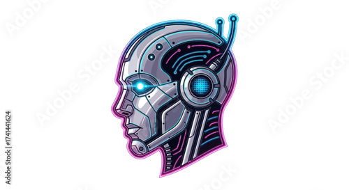 Futuristic Metallic Robot Head with Glowing Blue Eyes and Intricate Mechanical Details.