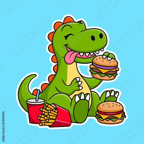 A cheerful dinosaur happily devouring burgers and fries, capturing a fun and quirky moment that resonates with joy and playfulness, ideal for children's themes or fun graphics.