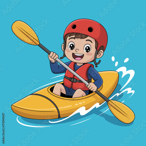 A joyful child in a bright yellow kayak is cheerfully paddling across vibrant blue waters, showcasing a fun outdoor adventure filled with energy and excitement.