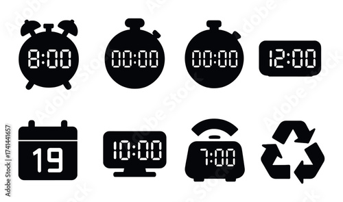 Set of dark clock icons with various time displays and recycling symbol
