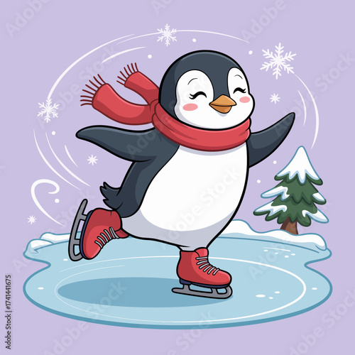 This charming illustration depicts a joyful penguin gracefully ice skating on a frozen lake, embodying the joy of winter and the spirit of fun in a whimsical setting.