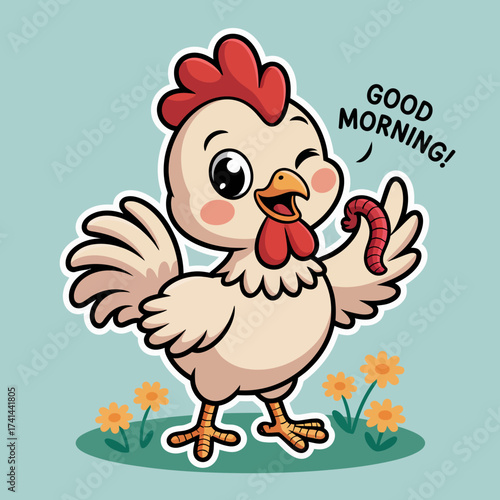 This cheerful chicken character waves with a worm in hand, spreading positivity and joy with its bright colors and friendly expression, perfect for morning greetings.