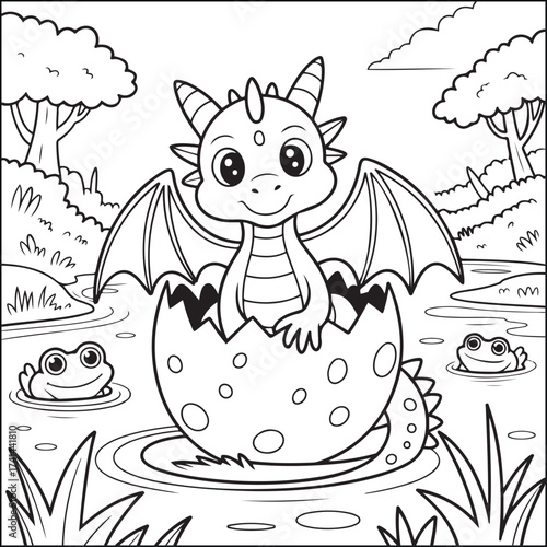 Baby dragon black and white coloring pages for teens and adults.