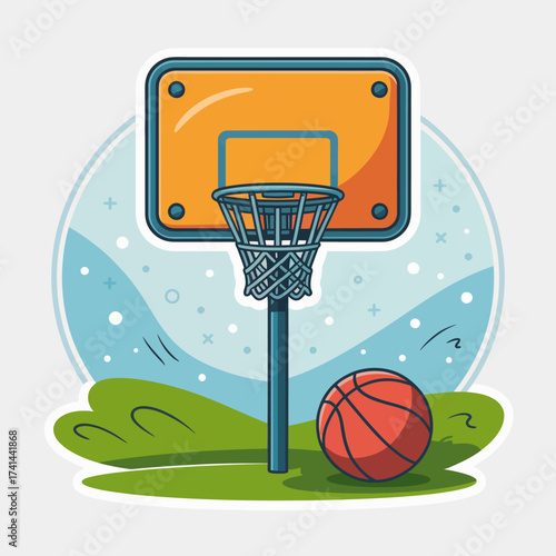 This image features a vibrant basketball hoop with a ball nearby, symbolizing sport and outdoor activities. Ideal for themes of recreation and fitness in design projects.