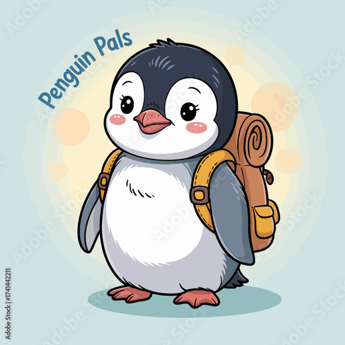 A cute penguin character proudly showcases its sturdy backpack, ready for adventures, symbolizing friendship and the joy of travel in a fun and charming style.