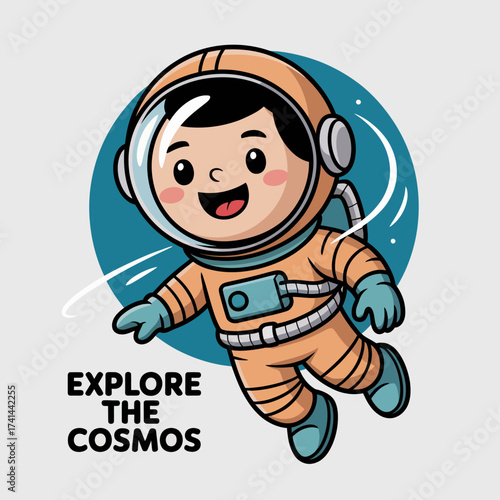 This illustration shows a happy child dressed in an astronaut suit, floating in space with a joyful expression, conveying a sense of adventure and exploration.