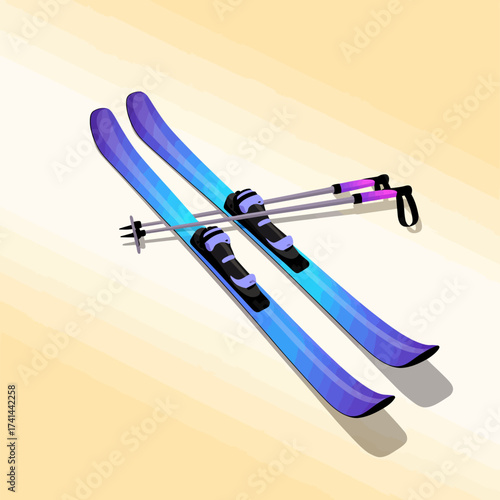Two sleek skis and poles displayed against a soft beige background, capturing the essence of winter sports and outdoor recreation in a modern artistic style.