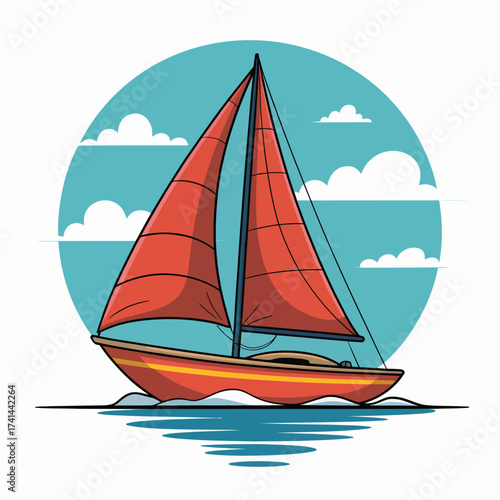 A colorful sailboat with red sails gliding smoothly across the water under a bright blue sky, radiating calmness and adventure in the open sea.