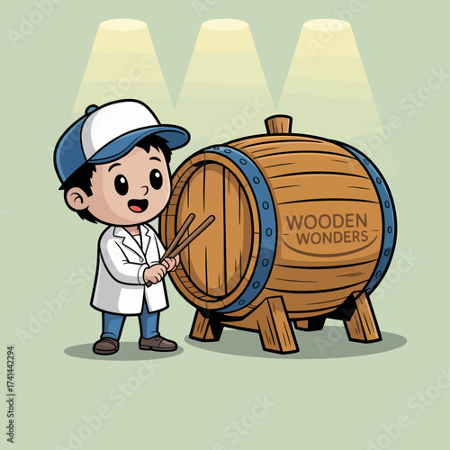 A young boy excitedly plays wooden drums, showcasing joy and creativity, under warm lights in a fun and engaging environment filled with music and expression.