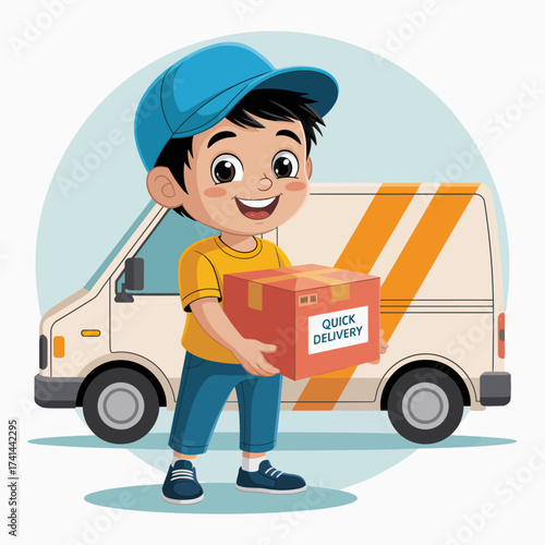 A joyful young boy smiling widely while holding a package with 'Quick Delivery' on it, standing in front of a delivery van, encapsulating the spirit of service and progress.