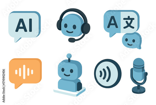 Ai communication icons: language, chatbots, and translation symbols in digital art