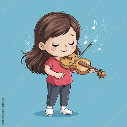 A delightful illustration of a young girl joyfully playing the violin, surrounded by floating musical notes, capturing the essence of music and childhood joy.