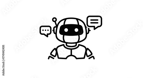 Simple Black and White Cartoon Robot with Chat Bubbles.