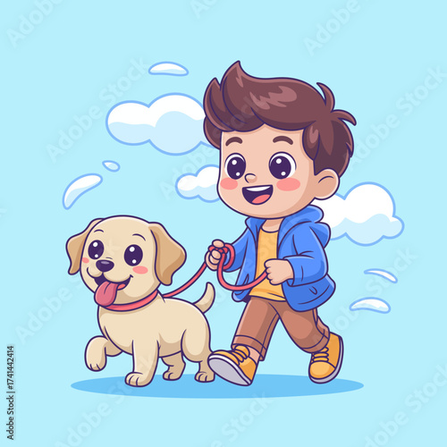 A cheerful boy enjoys a sunny day as he walks his lovable yellow Labrador retriever with a leash, showcasing their bond and happiness in a vibrant outdoor setting.
