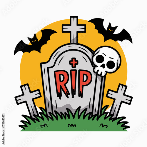 A haunting graveyard scene featuring a gravestone marked 'RIP', surrounded by bats and crosses, evoking a sense of mystery and the unknown.