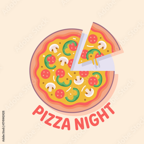This colorful illustration features a delicious pizza topped with pepperoni, mushrooms, and bell peppers, making it a perfect representation of a fun pizza night.