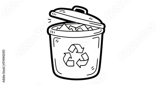 Hand-drawn Recycling Bin with Open Lid and Crumpled Paper Inside.