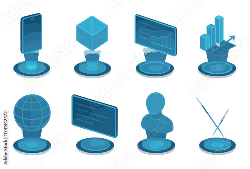 Futuristic hologram icons displaying technology and innovation themes