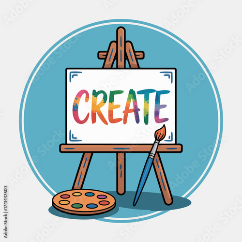 An art easel presenting a vibrant canvas that spells 'CREATE' invites inspiration and creativity, showcasing the joy of artistic expression and the creative process.