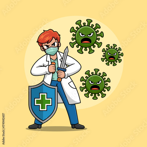 This image features a heroic doctor wielding a sword and shield, battling angry viruses, symbolizing courage, health, and the fight against illnesses in a vibrant style.