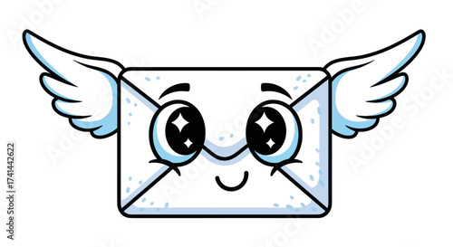 Adorable cartoon envelope with wings and starry eyes flying happily.