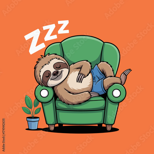 A funny and relaxing illustration of a sloth comfortably sleeping on a green armchair, exuding a vibe of coziness and tranquility in a vibrant setting.