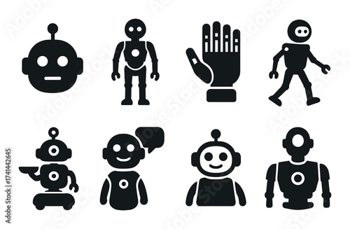 Set of simple robot icons featuring various styles and actions on dark background