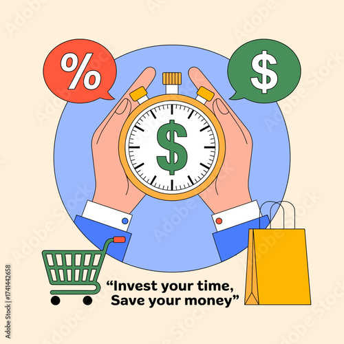 This image illustrates the importance of investing time wisely to save money, showcasing a stopwatch held between two hands with financial symbols around it.