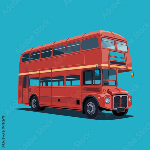 This iconic red double-decker bus stands out against a bright blue backdrop, representing urban transportation and the richness of city life in a modern style.
