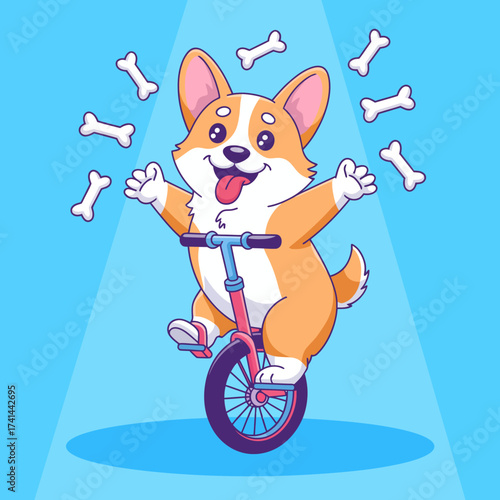 An adorable cartoon image of a playful corgi performing tricks on a unicycle while juggling bones, bringing joy and fun to any pet-loving audience.